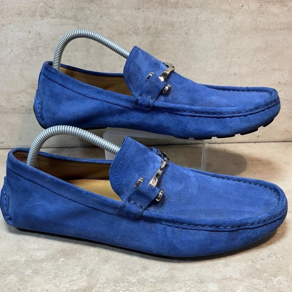 Gucci Mens Blue Suede Horsebit Driving Loafers Size 8  Made in Italy Cobalt Blue
